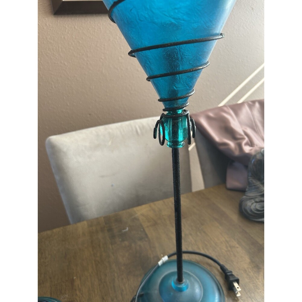 Set of 2 Vintage,  Teal Martini Glass Lamps, MCM Style.  Fiberglass Shades 18” - Picture 5 of 9